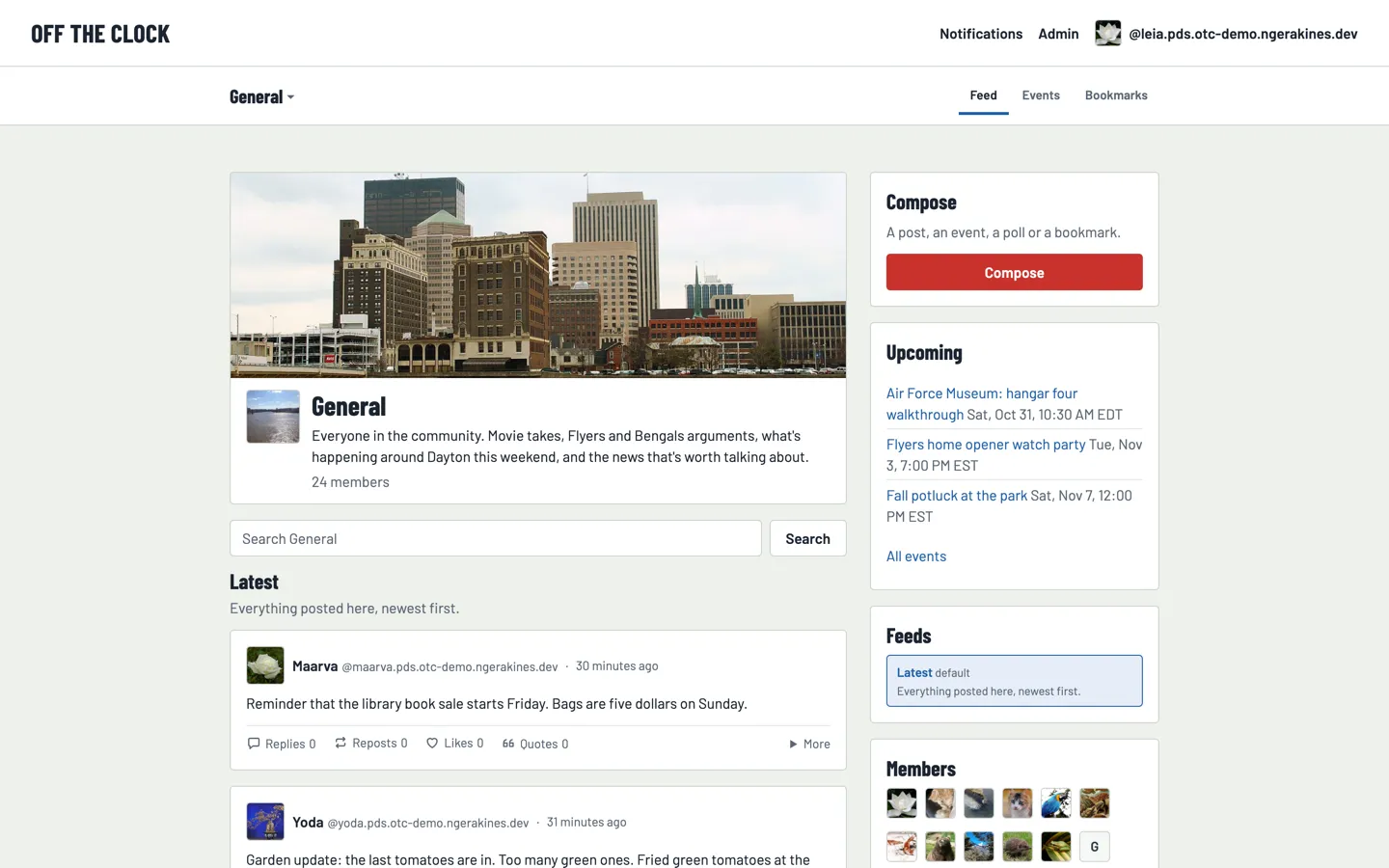 The General space of an example community: its header photo of a city skyline, recent posts, upcoming events and members